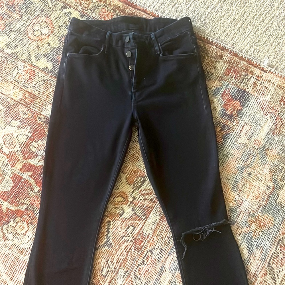 Mother pixie jeans, ankle fray dark denim.